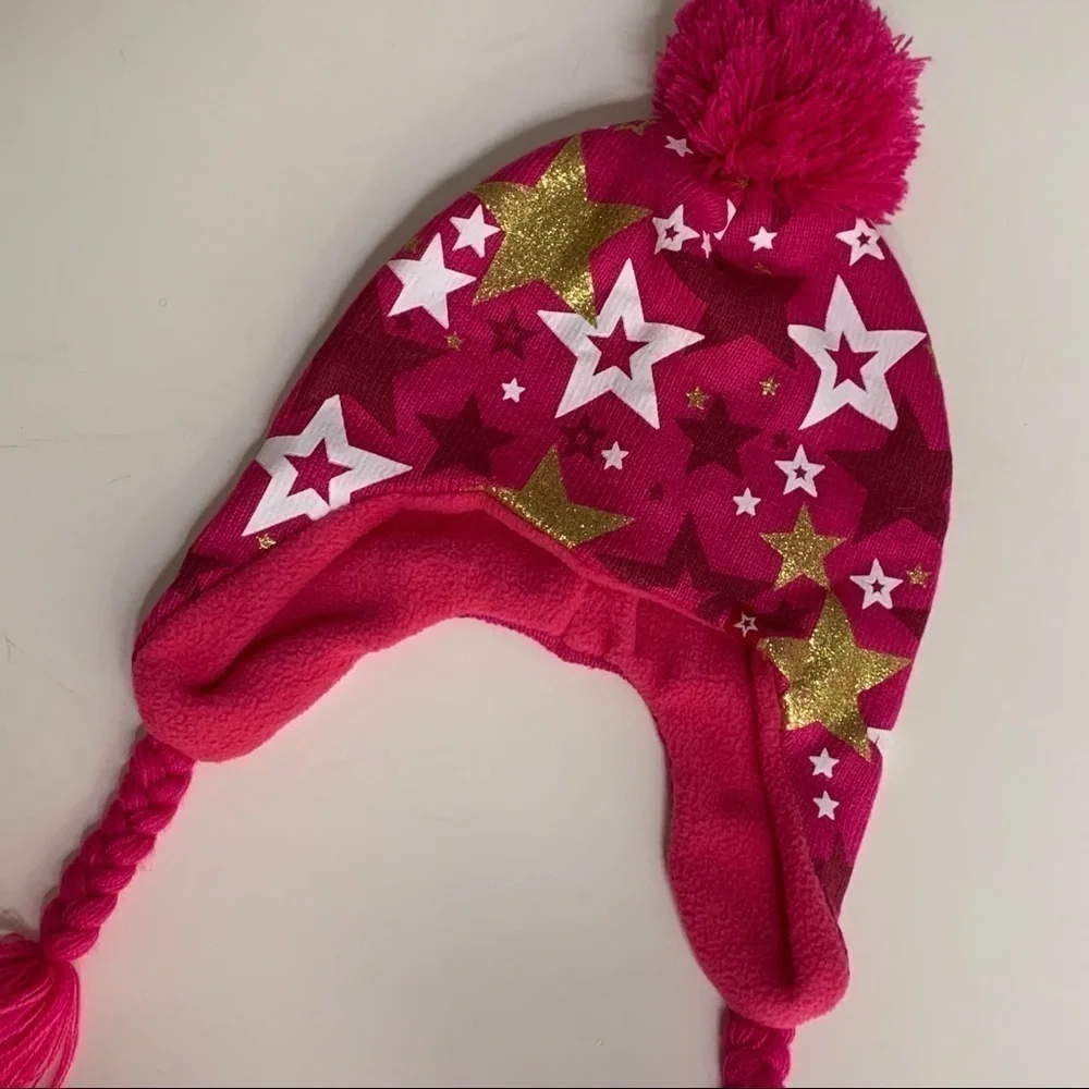 Pink metallic gold Star Pom Pom Winter Trapper Hat Ear Cover o/s